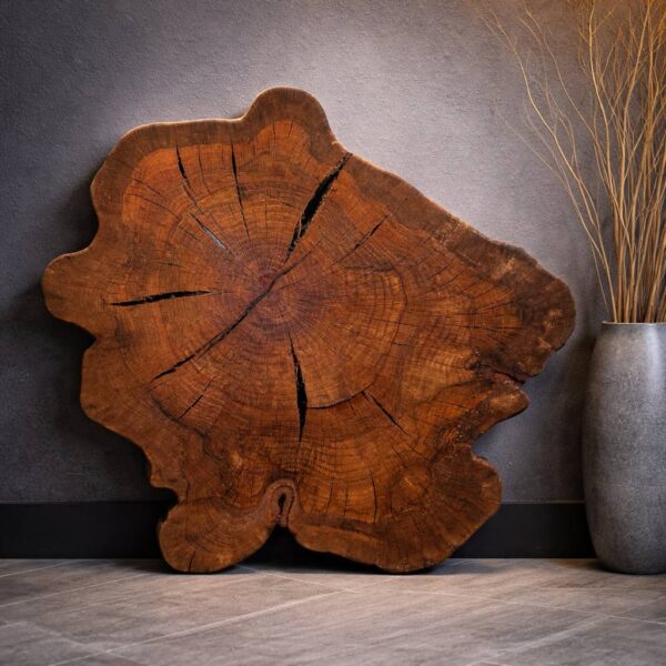 Hickory round wood slab with bold growth rings, natural cracks and organic shape — 42 × 37 × 2.5 in coffee table slab