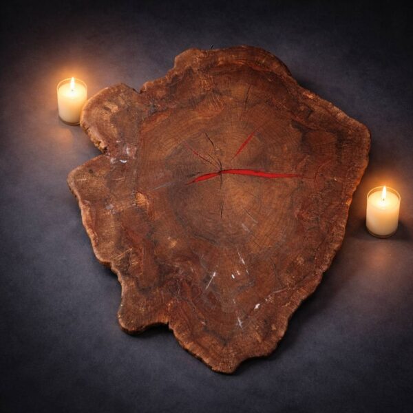 Large hickory round wood slab with strong growth rings, natural cracks and organic shape — 50 × 44 × 2 in coffee table slab