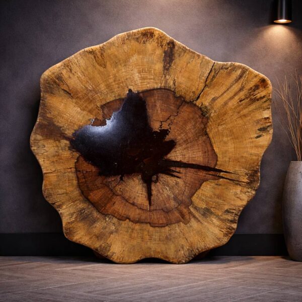 Water oak round wood slab with dramatic center grain, natural cracks and organic shape — 44 × 41 × 2.5 in coffee table slab