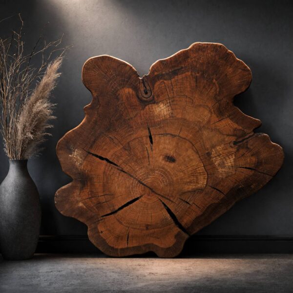 Large hickory round wood slab with deep brown tones, visible growth rings and natural cracks — 42.5 × 37 × 2.5 in coffee table slab