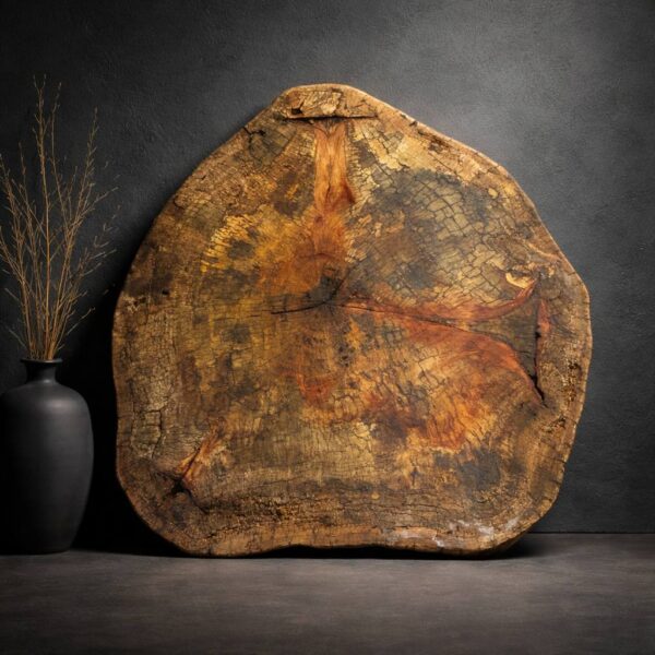 Camphor round wood slab with warm golden tones, organic grain patterns and natural cracks — 38 × 35 × 3 in coffee table slab