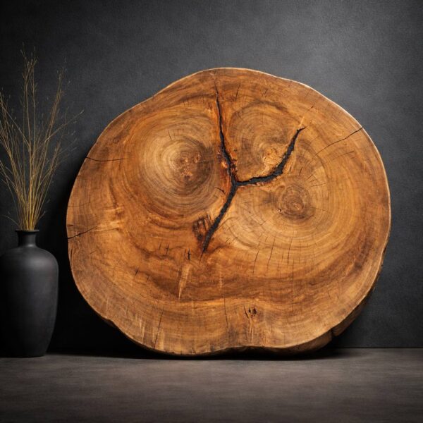 Sycamore round wood slab with light creamy tones, smooth grain and natural cracks — 40.5 × 34.5 × 3 in coffee table slab