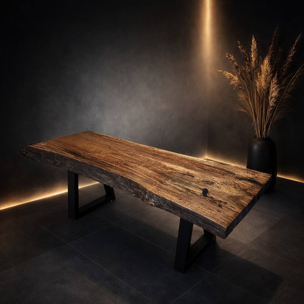 Water oak live edge table LES002 with natural grain and organic edges, solid wood slab on black metal legs, handcrafted unique furniture piece