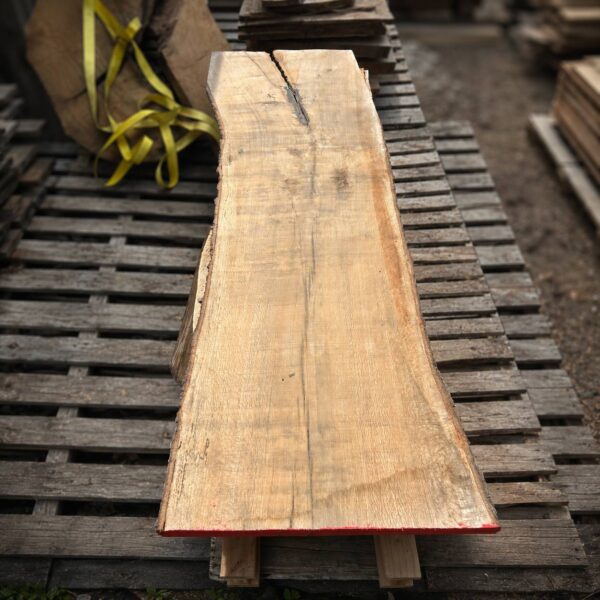 Air-dried live edge oak slab with natural center split, rustic grain texture, and preserved bark edge — solid wood slab for epoxy and custom furniture projects