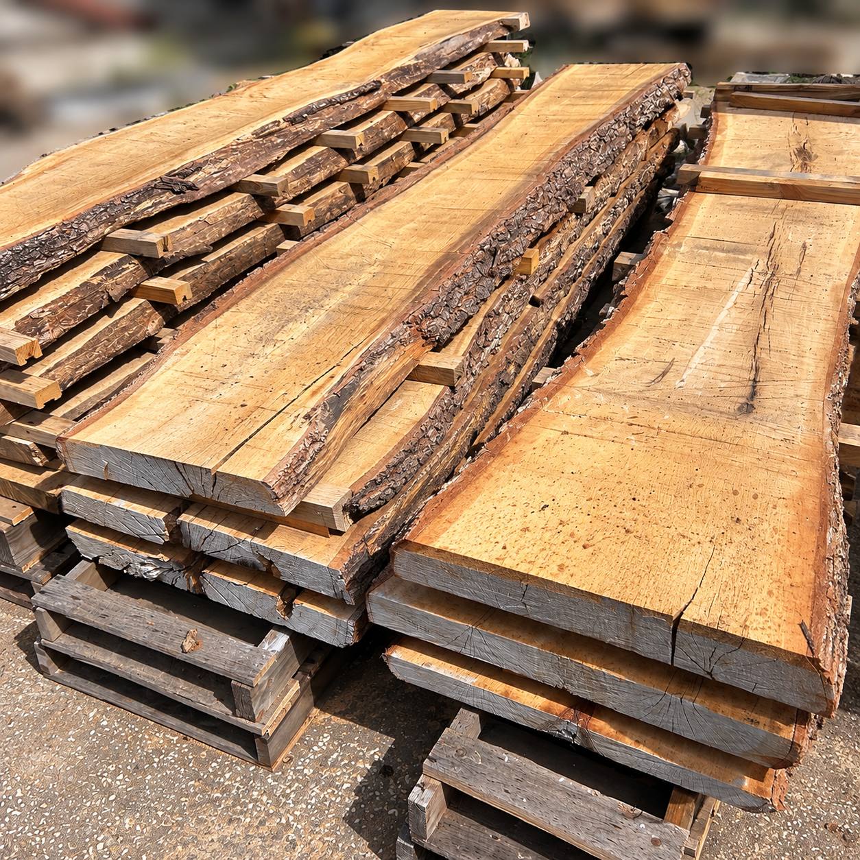Natural wood slabs stacked at our Orlando warehouse