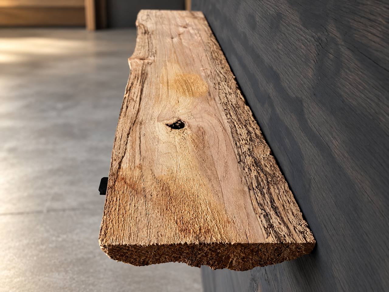 Water oak live edge shelf board SB-006 showing its flatter face, approximately 49.5 inches long