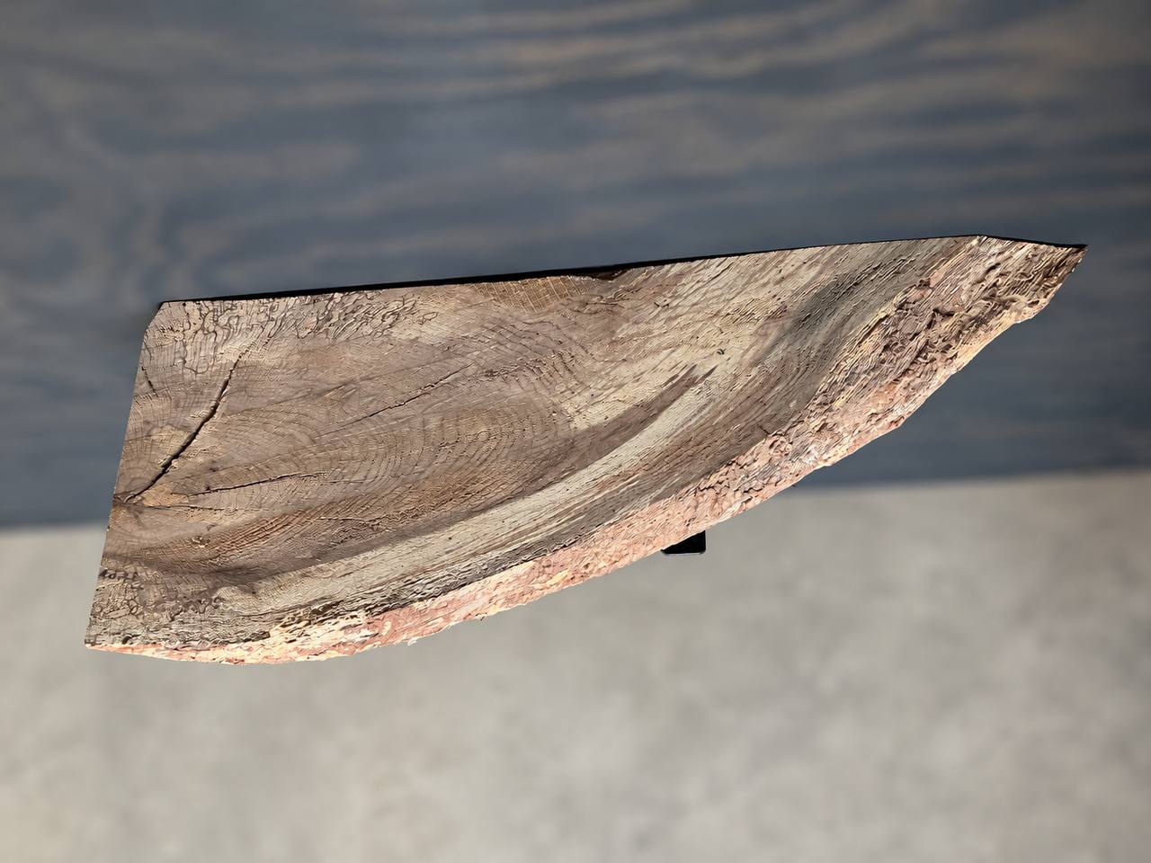 Water oak live edge shelf board SB-001 with a wedge-shaped profile tapering from 13 inches wide to a point