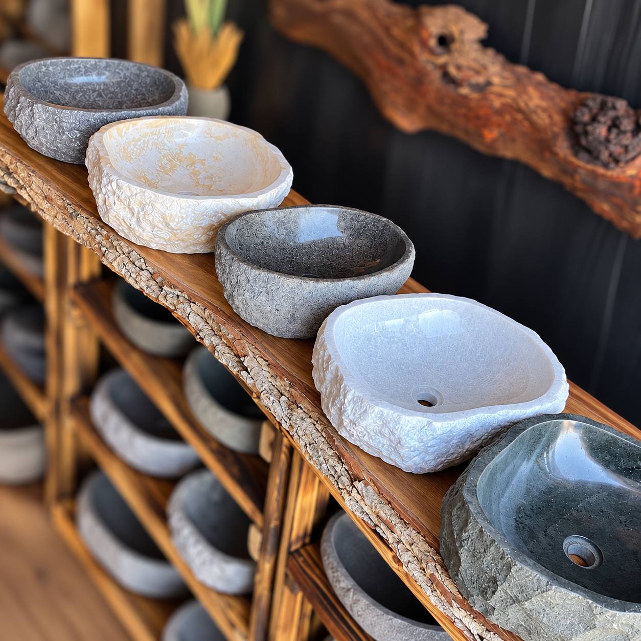 Handcrafted natural stone vessel sinks displayed on live edge wooden shelves