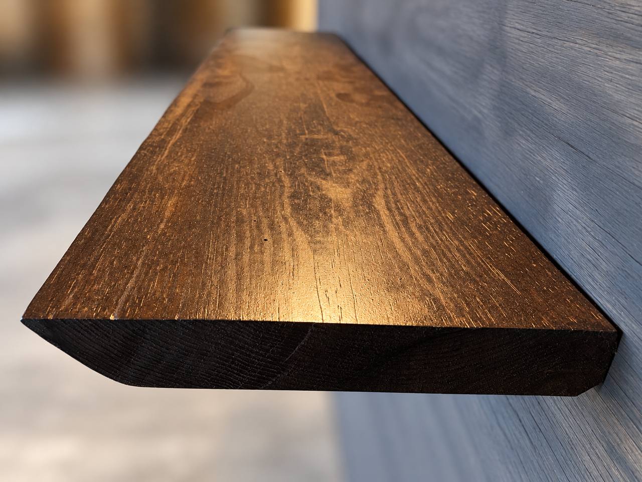 Pine live edge shelf SH-002 showing its sanded coated surface and natural edge