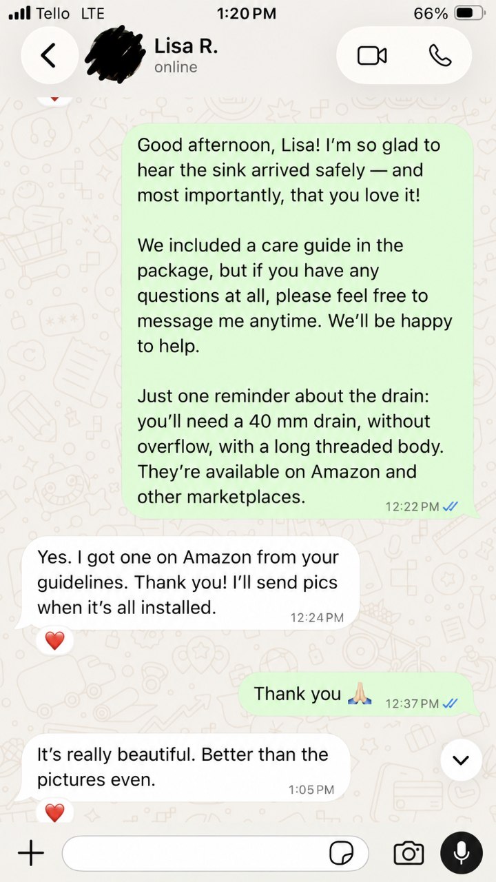 WhatsApp feedback from Charissa C. confirming her stone sink arrived safely