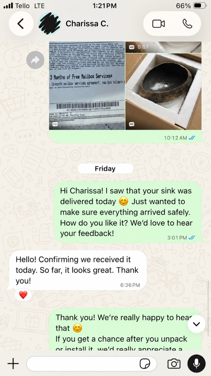 Customer feedback from Lisa R. saying her stone sink looks better than the pictures