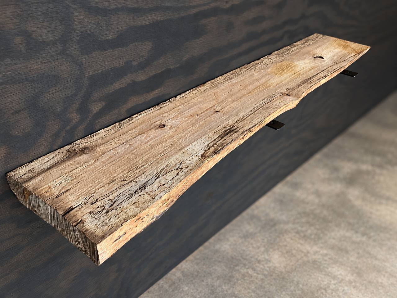 Water oak live edge shelf board SB-006 showing the irregular reverse side and partially retained D-shaped profile
